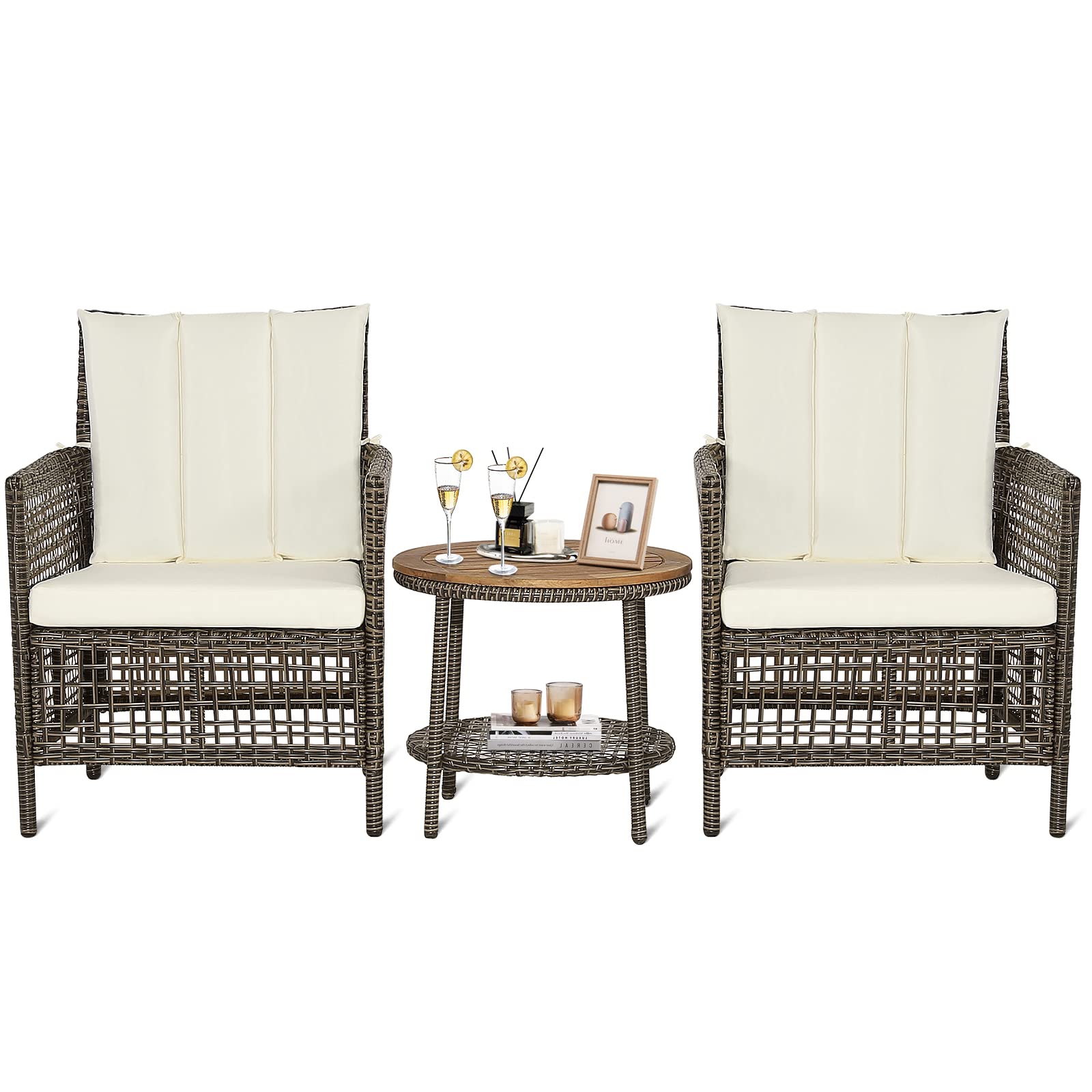 Tangkula Ensemble de Conversation 3 Pièces pour Patio, Fauteuils d'Extérieur en Rotin avec Table Basse à 2 Niveaux (Blanc Cassé)